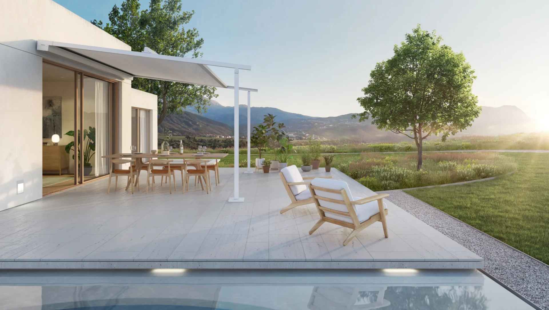 Moderne Terrasse mit Blick auf die Landschaft und Sonnenaufgang