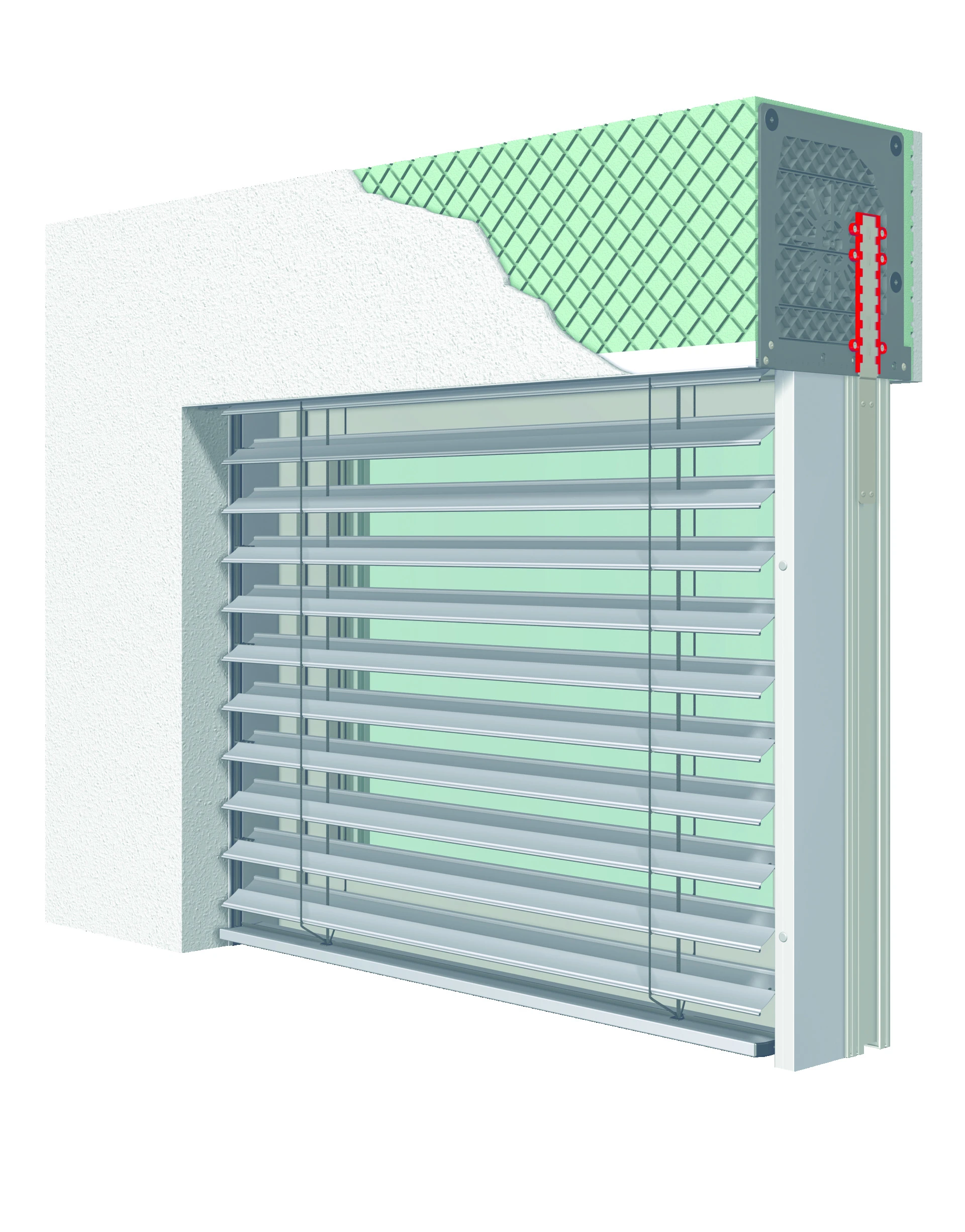 Außenjalousie mit integriertem Kasten im Wandaufbau